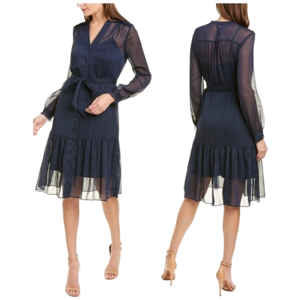 Nanette Lepore Boho Shirt Party Dress Size 8 Sheer Metallic Stripped Navy Blue